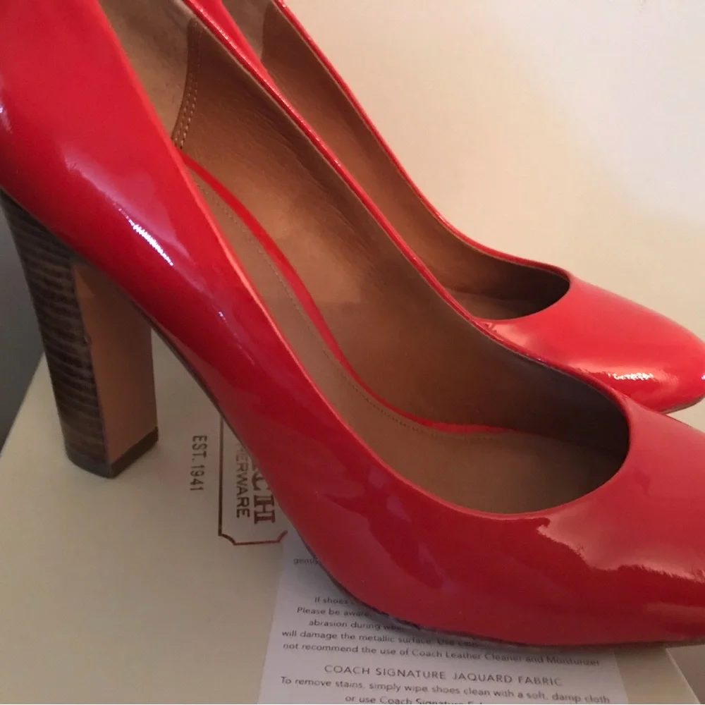 Authentic COACH Pumps heels Orange/Coral patten leather brown block heel 8.5B - Picture 5 of 16
